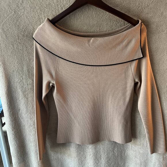 Cyrus Off Shoulder Neck Sweater in Tan with Black Accent Trim - Picture 2 of 4